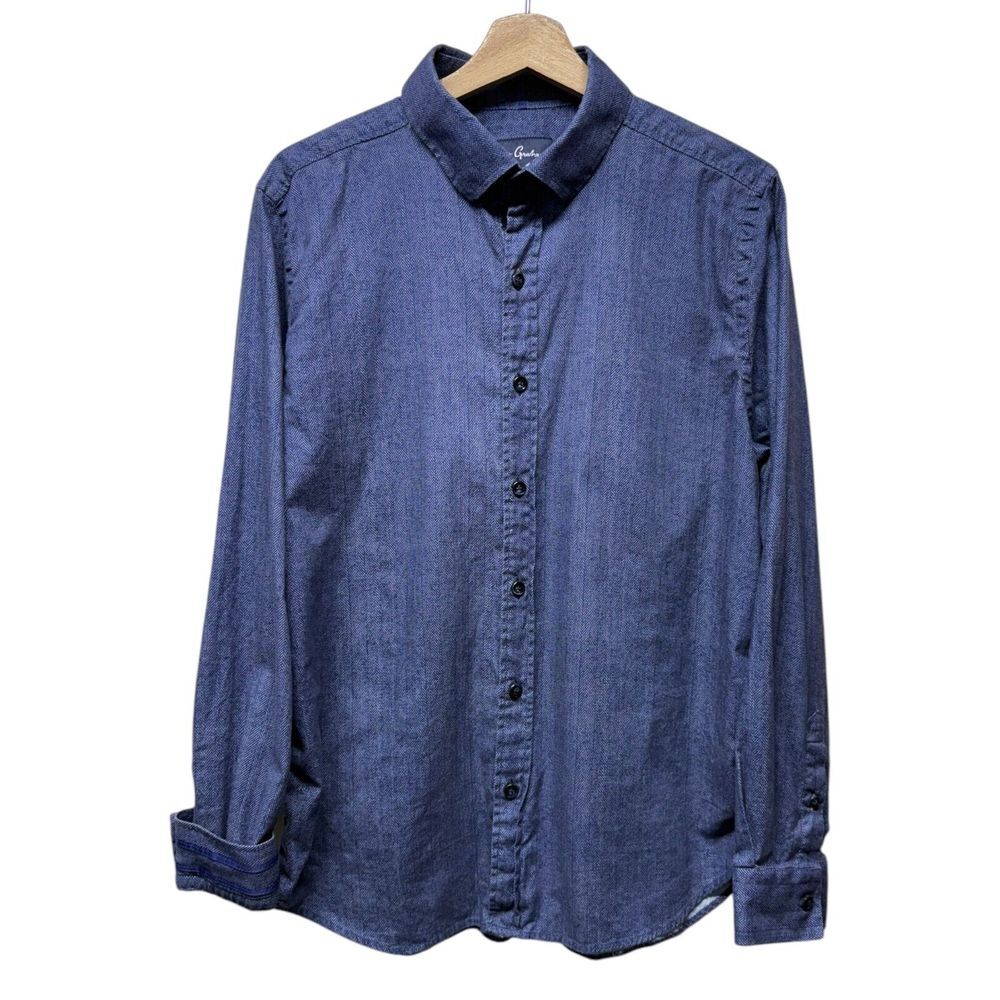 Robert Graham‎ Button Up Shirt Mens XL Blue Herringbone Flip Cuff Long Sleeve